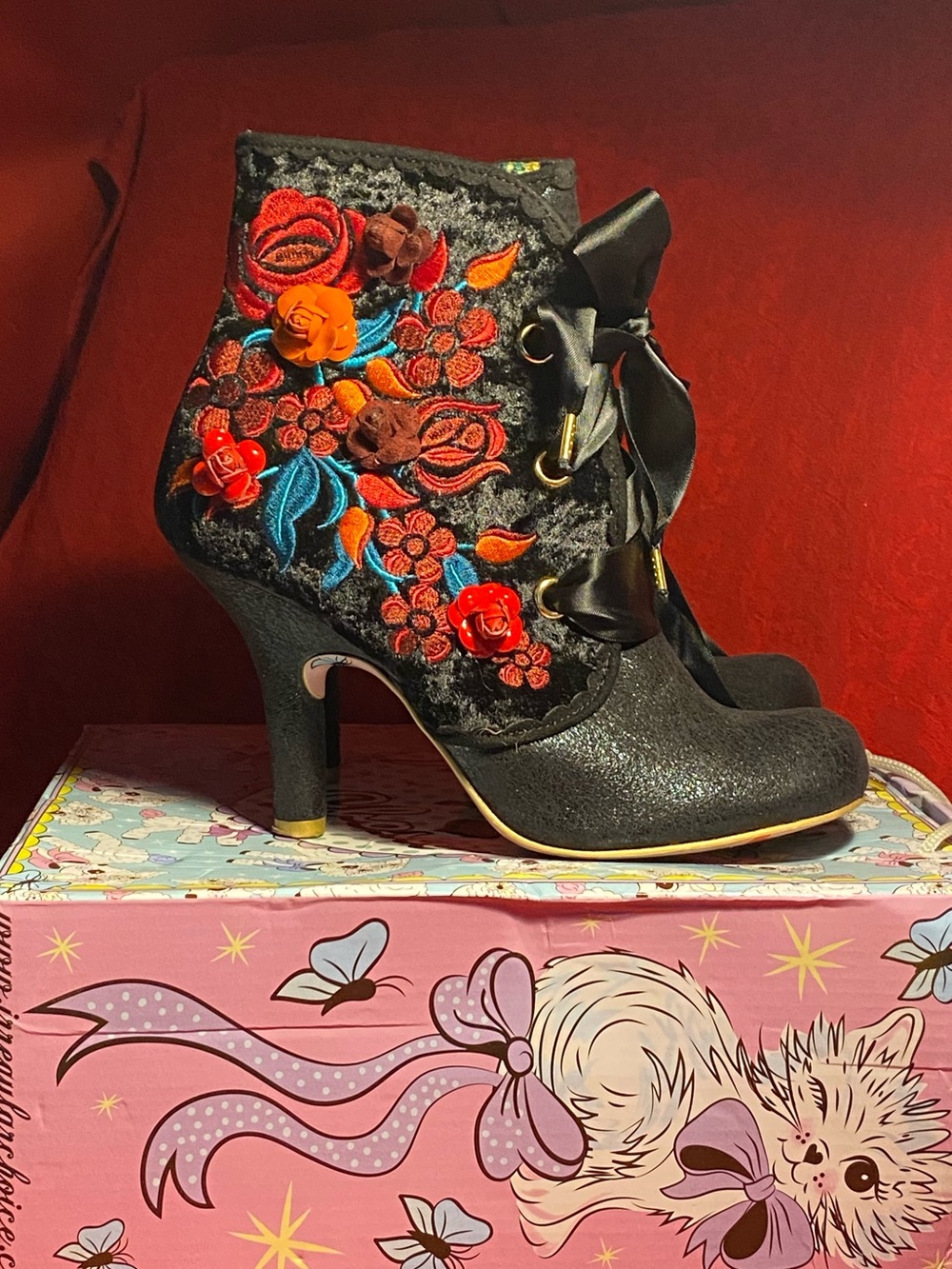 IC Autumn Harvest black velvet booties,orange floral embroidery,appliqués/box/10